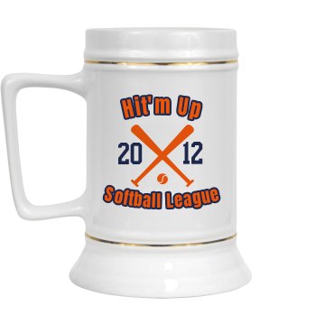 Softball League Stein 28oz Gold Trim Ceramic Stein