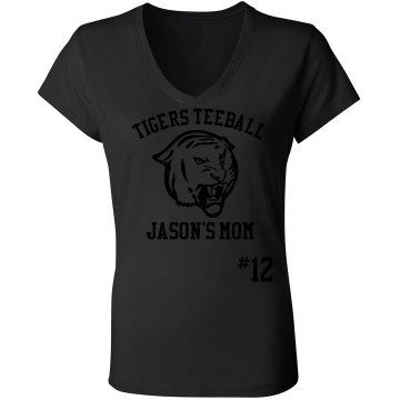Tigers Teeball Mom Junior Fit Bella Sheer Longer Length Rib V-Neck Tee 