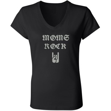Moms Rock w/ Back Junior Fit Bella Sheer Longer Length Rib V-Neck Tee 