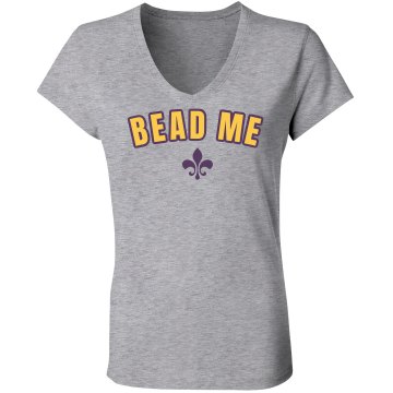 Bead Me Mardi Gras Junior Fit Bella Sheer Longer Length Rib V-Neck Tee 