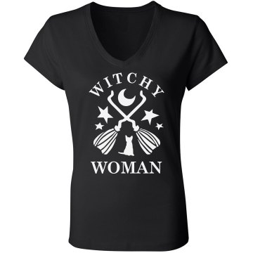 Witchy Woman Junior Fit Bella Sheer Longer Length Rib V-Neck Tee 