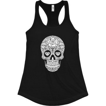 White Skull Outline Junior Fit Bella Sheer Longer Length Rib Racerback Tank Top