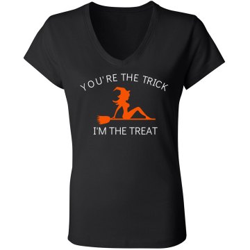Halloween I'm The Treat Junior Fit Bella Sheer Longer Length Rib V-Neck Tee 