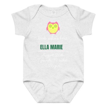 Owl Custom Birth Tee Infant Rabbit Skins Lap Shoulder Creeper