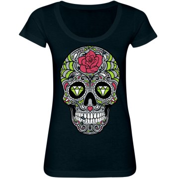 Pink Distressed Skull Junior Fit Bella Sheer Longer Length Scoopneck Tee