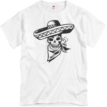 Black Sombrero Skull Unisex Basic Gildan Heavy Cotton Crew Neck Tee