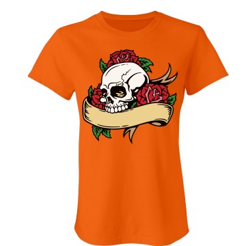 Skull & Roses on Orange Junior Fit Bella Crewneck Jersey Tee