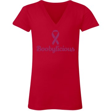 Booblicious Breast Cancer Junior Fit Bella Long Sleeve Sheer Longer Length Rib V-Neck Tee