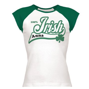 100% Irish w/ Name Junior Fit Bella 1x1 Rib Cap Sleeve Raglan Tee