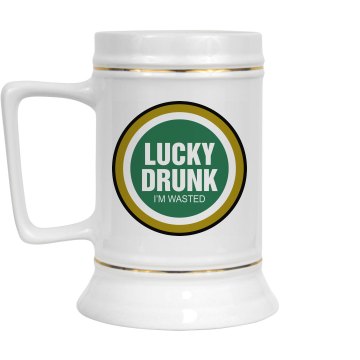 Lucky Drunk Spoof Logo 28oz Gold Trim Ceramic Stein