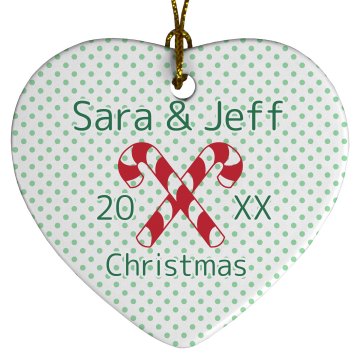 Couples Candy Cane Porcelain Heart Ornament