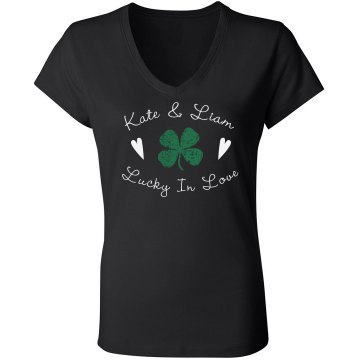 Lucky in Love Rhinestones Junior Fit Bella Sheer Longer Length Rib V-Neck Tee 