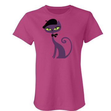 Retro Parisian Cat Junior Fit Bella Sheer Longer Length Rib Tee
