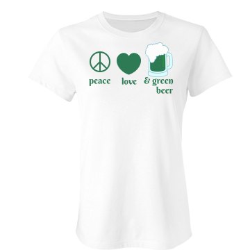 Peace, Love & Green Beer Junior Fit Bella Sheer Longer Length Rib Tee