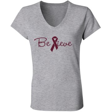 Believe Breast Cancer Tee Junior Fit Bella 1x1 Rib V-Neck Tee