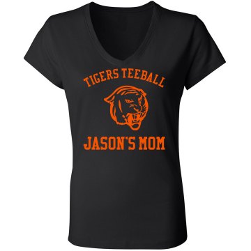 Tigers Teeball Mom Junior Fit Bella Sheer Longer Length Rib V-Neck Tee 