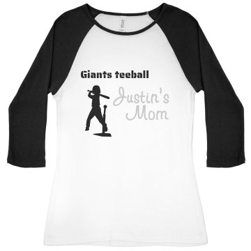 Rhinestone Teeball Mom Junior Fit Bella 1x1 Rib 3/4 Sleeve Raglan Tee