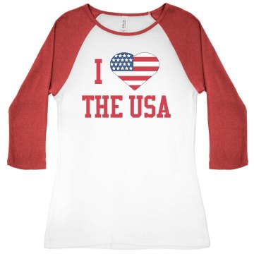 I Heart The USA Junior Fit Bella 1x1 Rib 3/4 Sleeve Raglan Tee