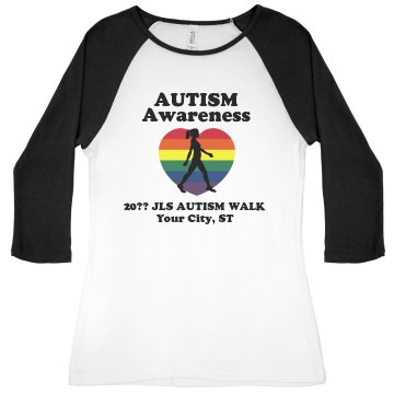 Autism Awareness Walk Tee Junior Fit Bella 1x1 Rib 3/4 Sleeve Raglan Tee